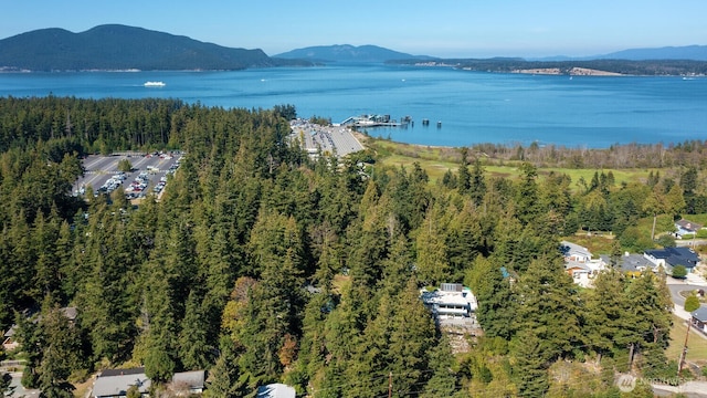 aerial view with a wooded view and a water and mountain view