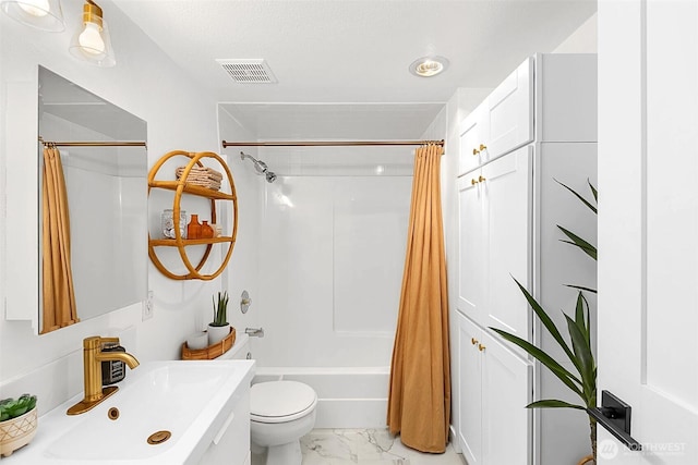 full bathroom with a textured ceiling, sink, toilet, and shower / bath combination with curtain