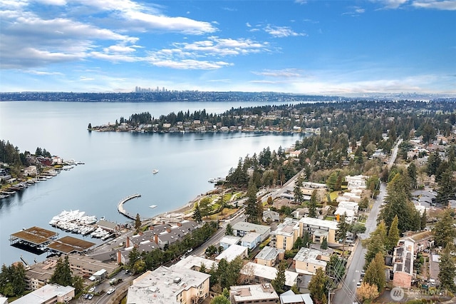 drone / aerial view featuring a water view