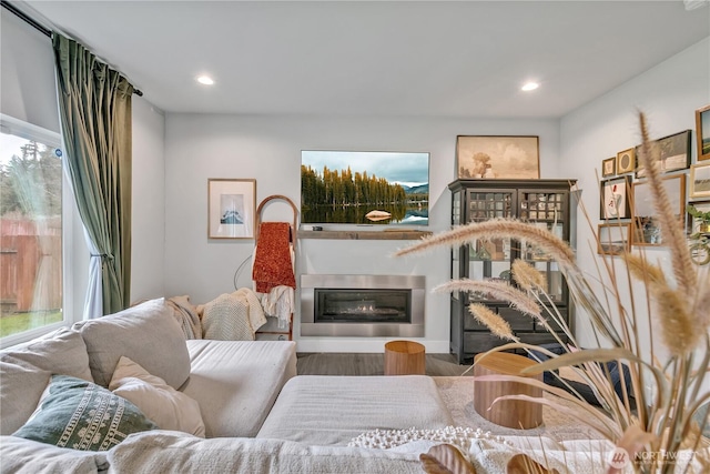 living room with a glass covered fireplace, wood finished floors, and recessed lighting