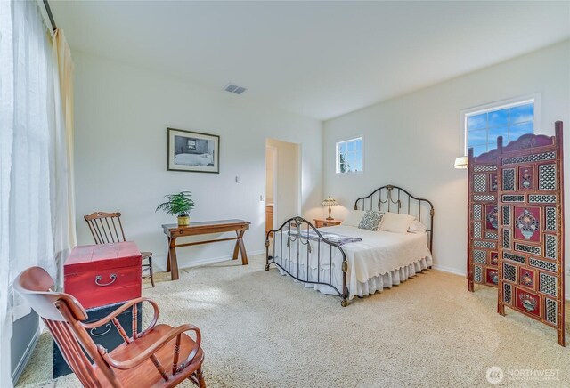 bedroom with carpet floors, baseboards, and visible vents