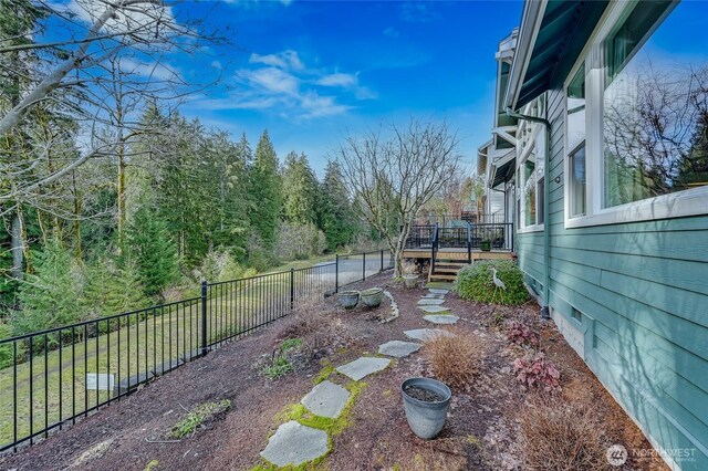 view of yard featuring a fenced backyard and a wooden deck