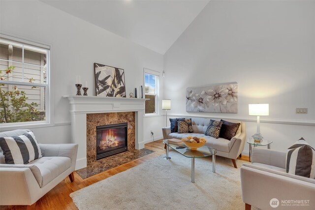 living area featuring high vaulted ceiling, light wood-type flooring, and a premium fireplace