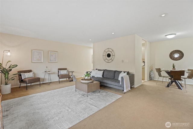 living room with light colored carpet