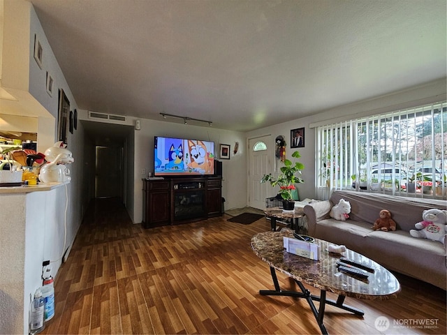 living area featuring visible vents, wood finished floors, track lighting, and a fireplace