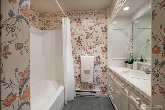 bathroom with a baseboard radiator, vanity, shower / bathtub combination with curtain, and tile patterned floors