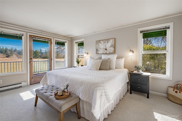 bedroom featuring a baseboard heating unit, light carpet, and access to outside