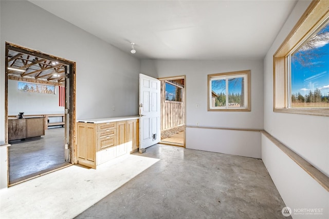 empty room with vaulted ceiling and concrete floors