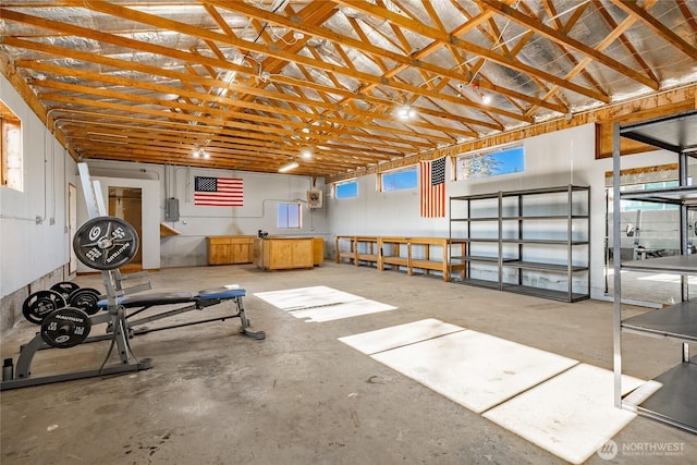 workout room with lofted ceiling and electric panel