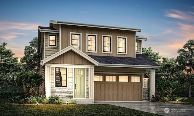 view of front of property with roof with shingles, an attached garage, driveway, board and batten siding, and stone siding