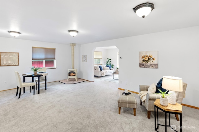 sitting room featuring carpet and a wood stove