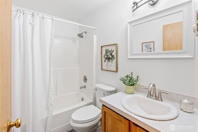 full bathroom with toilet, shower / bath combo, and vanity