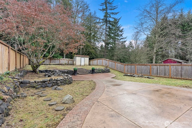 view of yard with a shed and a patio