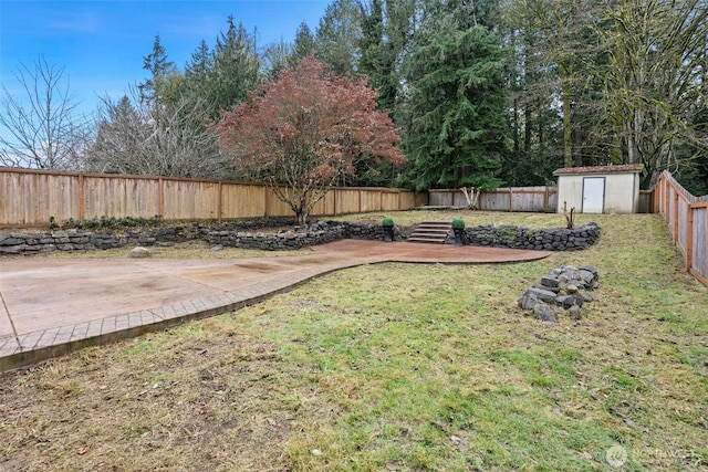 view of yard with a shed and a patio