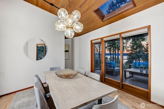 dining room featuring a notable chandelier, light hardwood / wood-style flooring, a skylight, and wooden ceiling