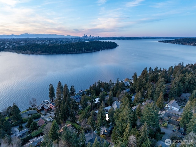 aerial view at dusk featuring a water view