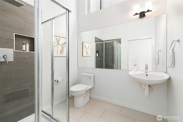 full bathroom with visible vents, toilet, a sink, a shower stall, and tile patterned floors