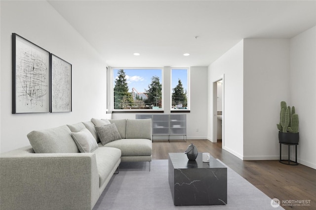 living area featuring baseboards, wood finished floors, and recessed lighting