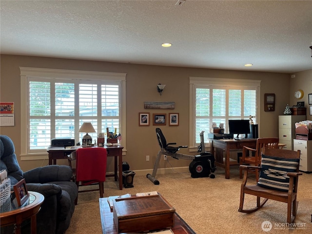 2611 Sea Crest Ave N, Long Beach, WA 98631 - carpeted living room featuring a desk, healthy amount of natural light, a textured ceiling, and recessed lighting