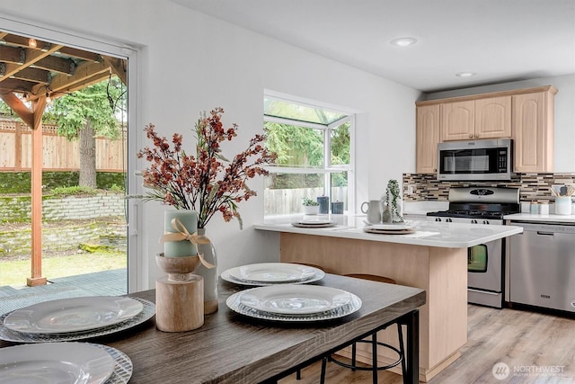 kitchen featuring light wood finished floors, light countertops, backsplash, appliances with stainless steel finishes, and a peninsula