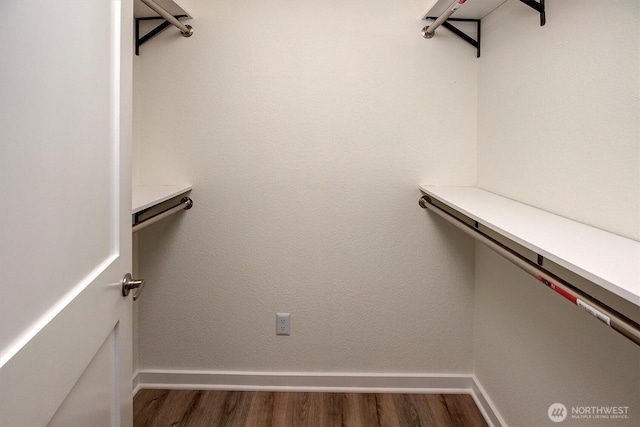 walk in closet with wood finished floors