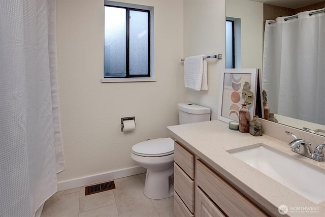 bathroom with baseboards, visible vents, toilet, vanity, and tile patterned floors