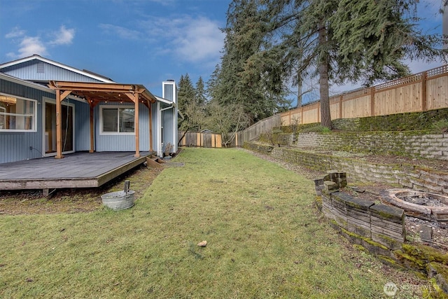 view of yard featuring a fenced backyard, a wooden deck, and an outdoor fire pit