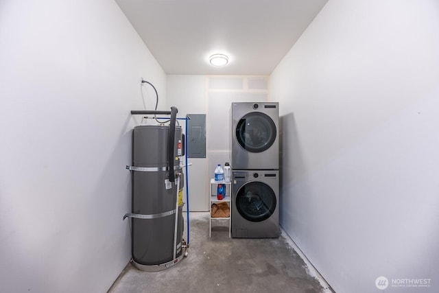 utility room with stacked washer / dryer, electric panel, and secured water heater