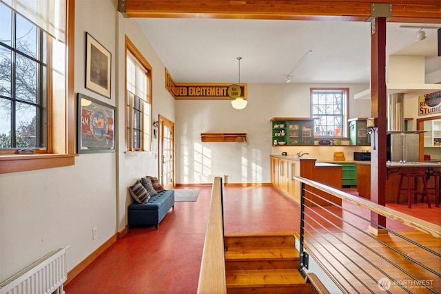 interior space with baseboards, track lighting, and radiator