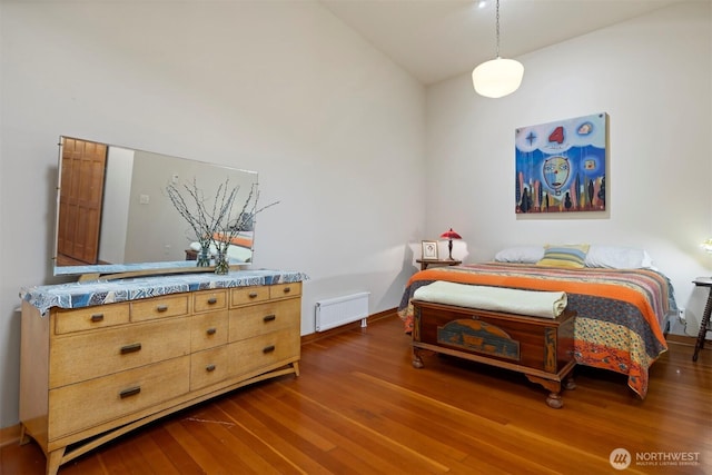 bedroom with radiator and dark wood finished floors