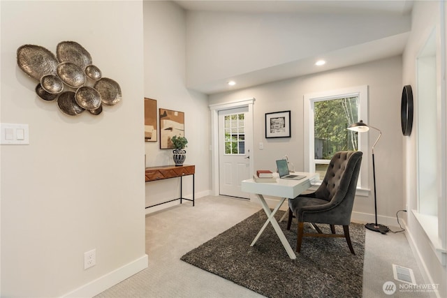 home office featuring light carpet, high vaulted ceiling, recessed lighting, and baseboards