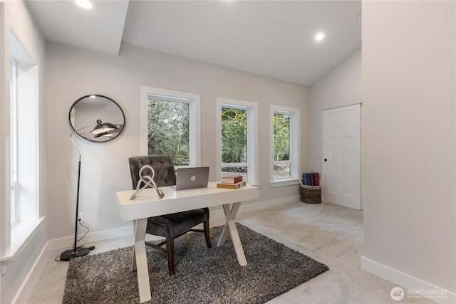 carpeted office with vaulted ceiling, recessed lighting, and baseboards