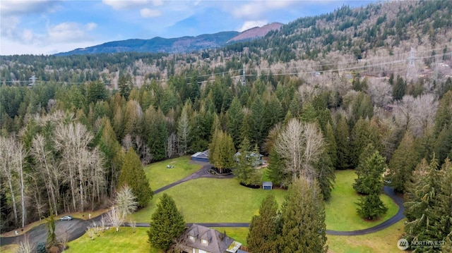 birds eye view of property featuring a wooded view and a mountain view