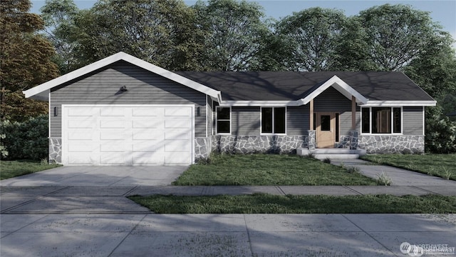 ranch-style house featuring stone siding, a front lawn, an attached garage, and driveway