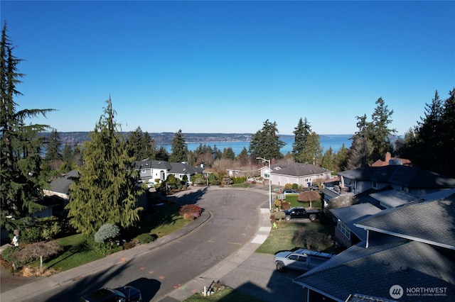 aerial view featuring a water view