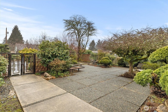 view of patio / terrace featuring a gate and fence