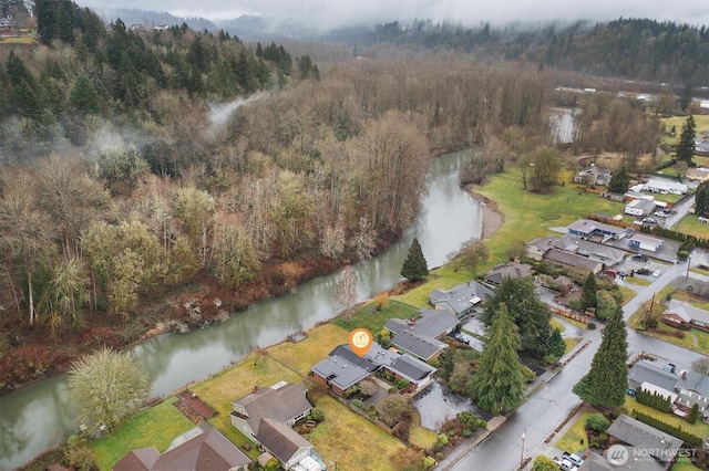 drone / aerial view featuring a water view and a wooded view