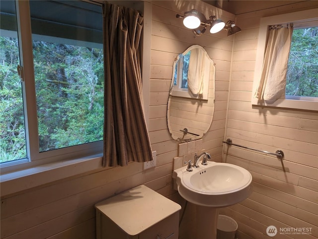 bathroom featuring wood walls