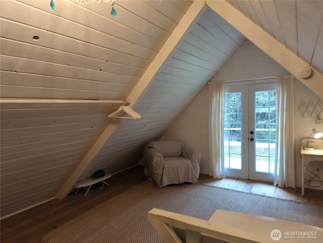 bonus room featuring lofted ceiling, wood-type flooring, and wooden ceiling