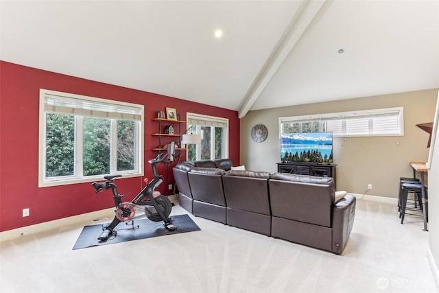 living room with light carpet, baseboards, and a healthy amount of sunlight