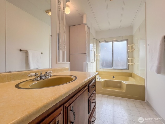 full bath with tile patterned floors, a bathtub, a shower, and vanity