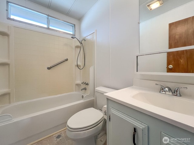 full bathroom featuring shower / washtub combination, vanity, and toilet