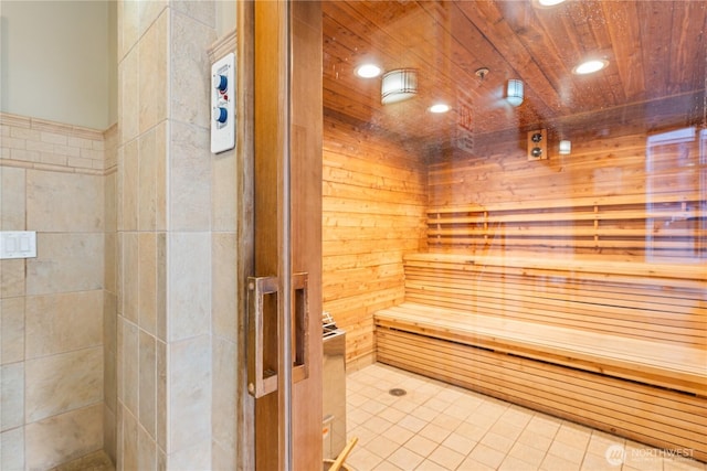 view of sauna with tile patterned floors