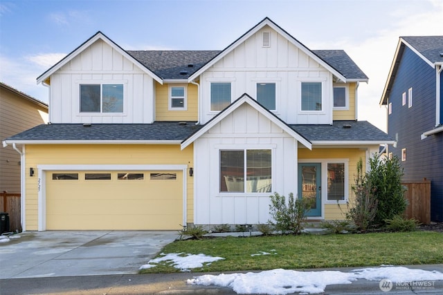 modern farmhouse featuring a garage, roof with shingles, board and batten siding, and concrete driveway