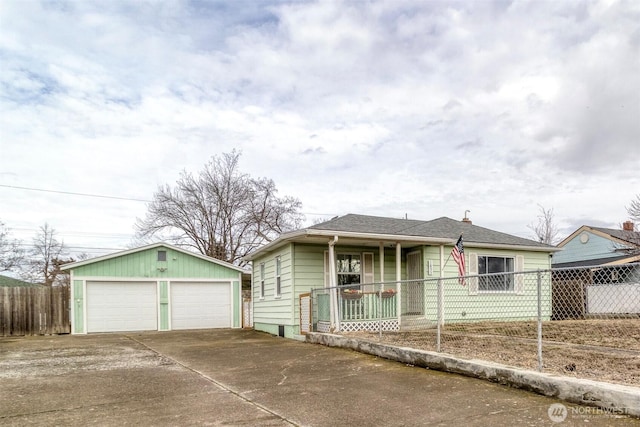 view of front of property featuring a garage, covered porch, roof with shingles, and fence