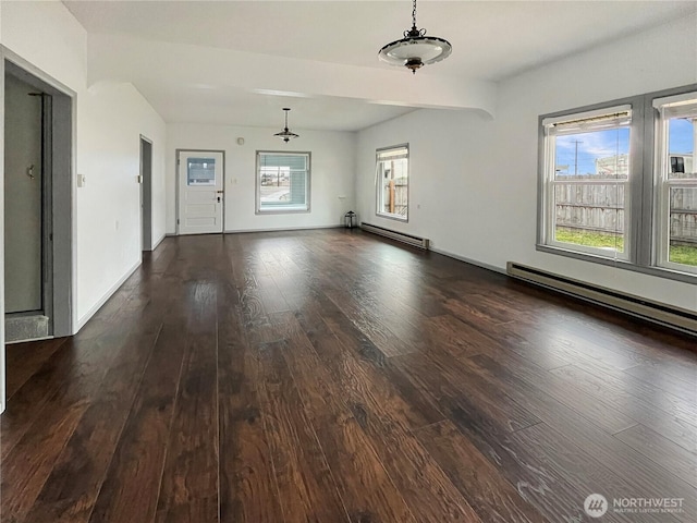 interior space with plenty of natural light, a baseboard heating unit, baseboard heating, and dark wood-style flooring