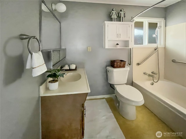 full bathroom with toilet, shower / tub combination, baseboards, and vanity