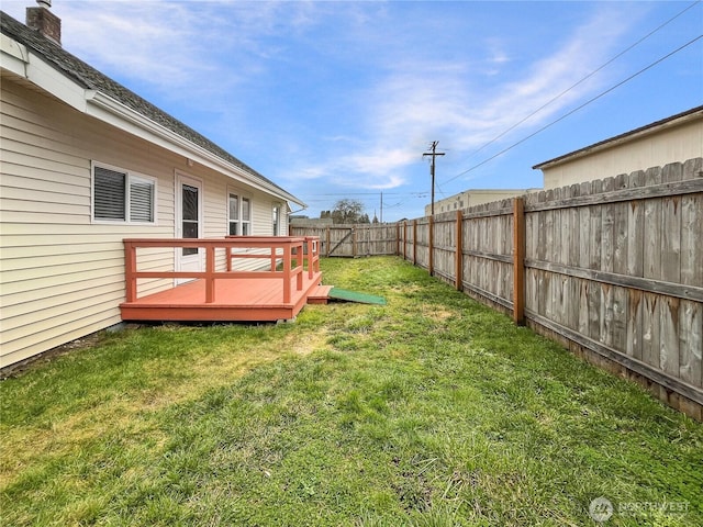 view of yard with a deck and a fenced backyard