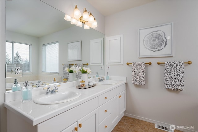 full bathroom with tile patterned floors, visible vents, a sink, and double vanity