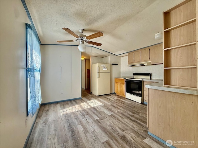 kitchen featuring light wood-style flooring, electric stove, under cabinet range hood, freestanding refrigerator, and light countertops